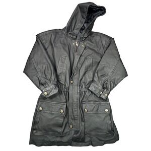 NYDA Leather Parka Jacket Womens PS Black Hooded Full Zip‎ Outdoor Utility Coat